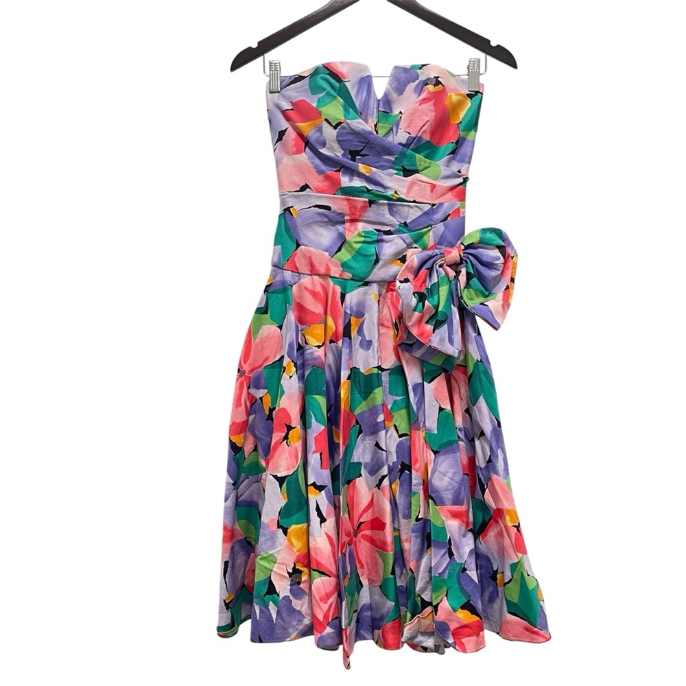 Vintage 1990s A.J. Bari For Neiman Marcus Pink Floral Strapless Bow Dress Size 4